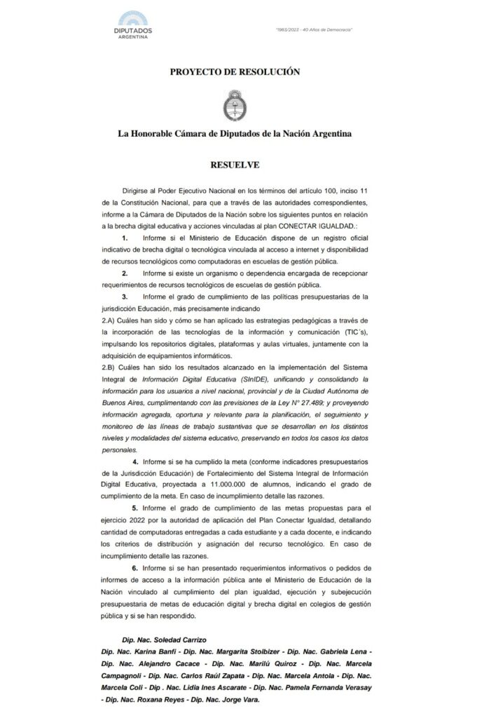 Pedido de informes para saber en que se ha avanzado sobre el plan conectar igualdad para acortar la brecha educativa digital